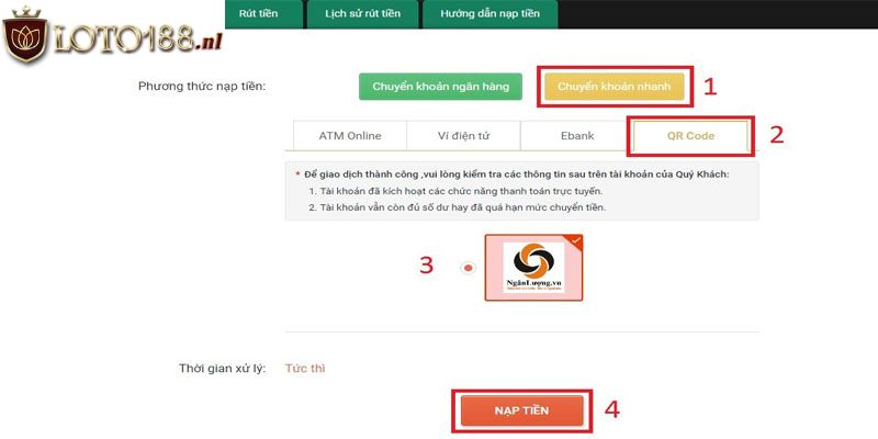Nạp game Loto188 với internet banking cực dễ